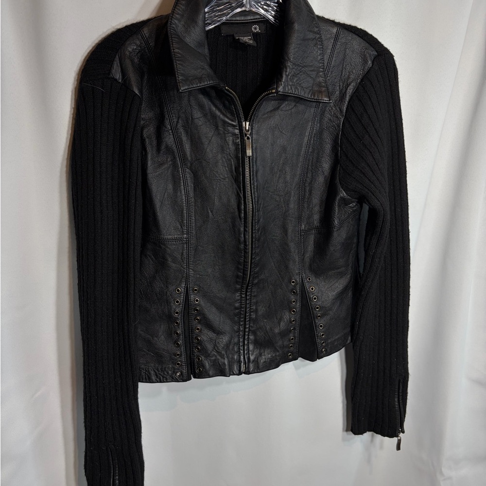 Women’s Black Genuine Leather and Wool Knit Zip Up Jacket